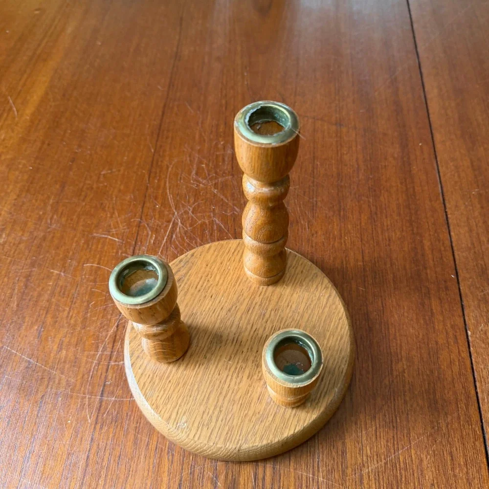 NativeWood Ozark Harvest Oak Triple Taper Candle Holder Candelabra Brass Cups